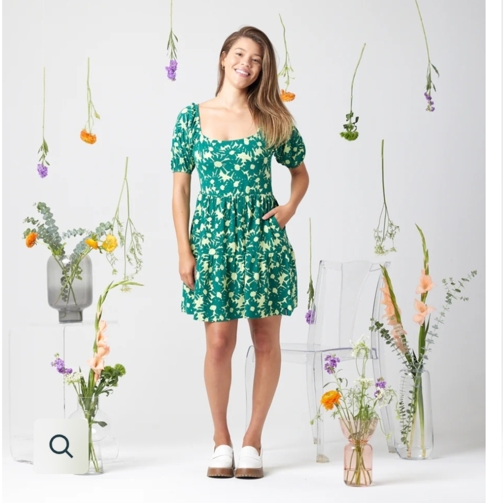 Green Floral Square-Neck Mini Dress